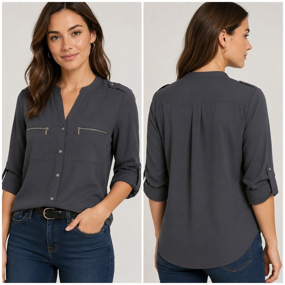 Calvin Klein Womens Small Gray Utility Roll Tab Sleeve Zipper Pocket Blouse Top